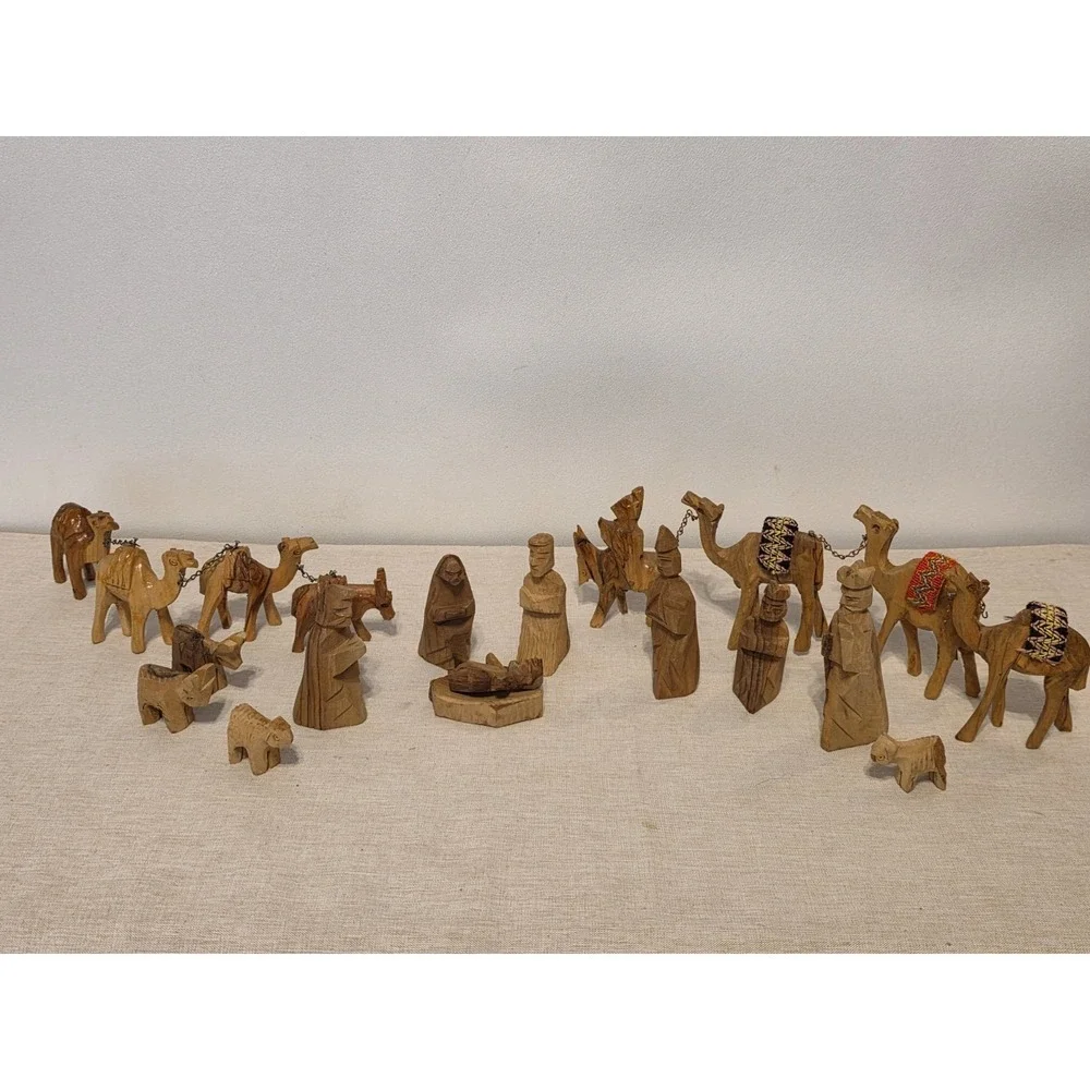 Vintage Hand Carved Wood Nativity Set 20 Pieces Christmas Decor